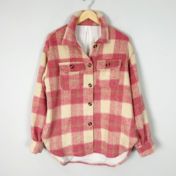 Pink Checkered Fuzzy Shirt Shacket Preppy Cozy Size Large Women's - Picture 1 of 5